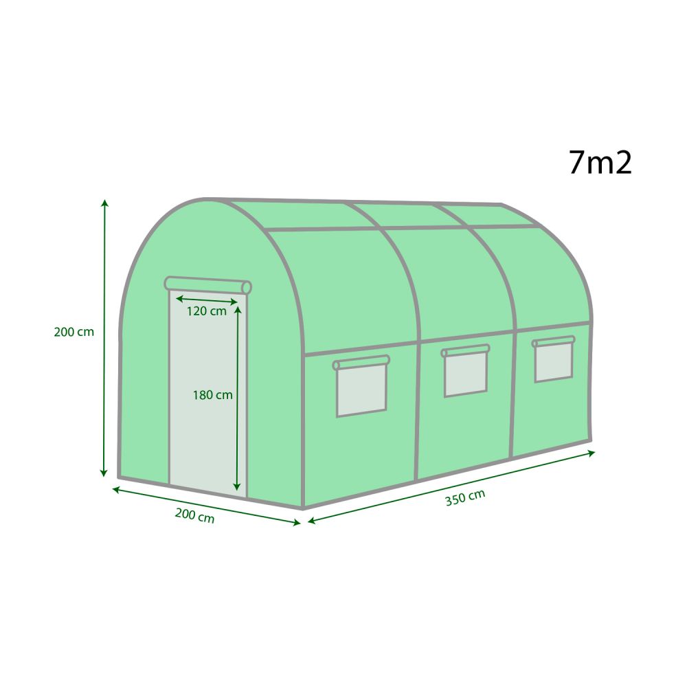 Serre de Jardin Tunnel 7m² - bache armée - avec fenêtres latérales et porte zipée Surface