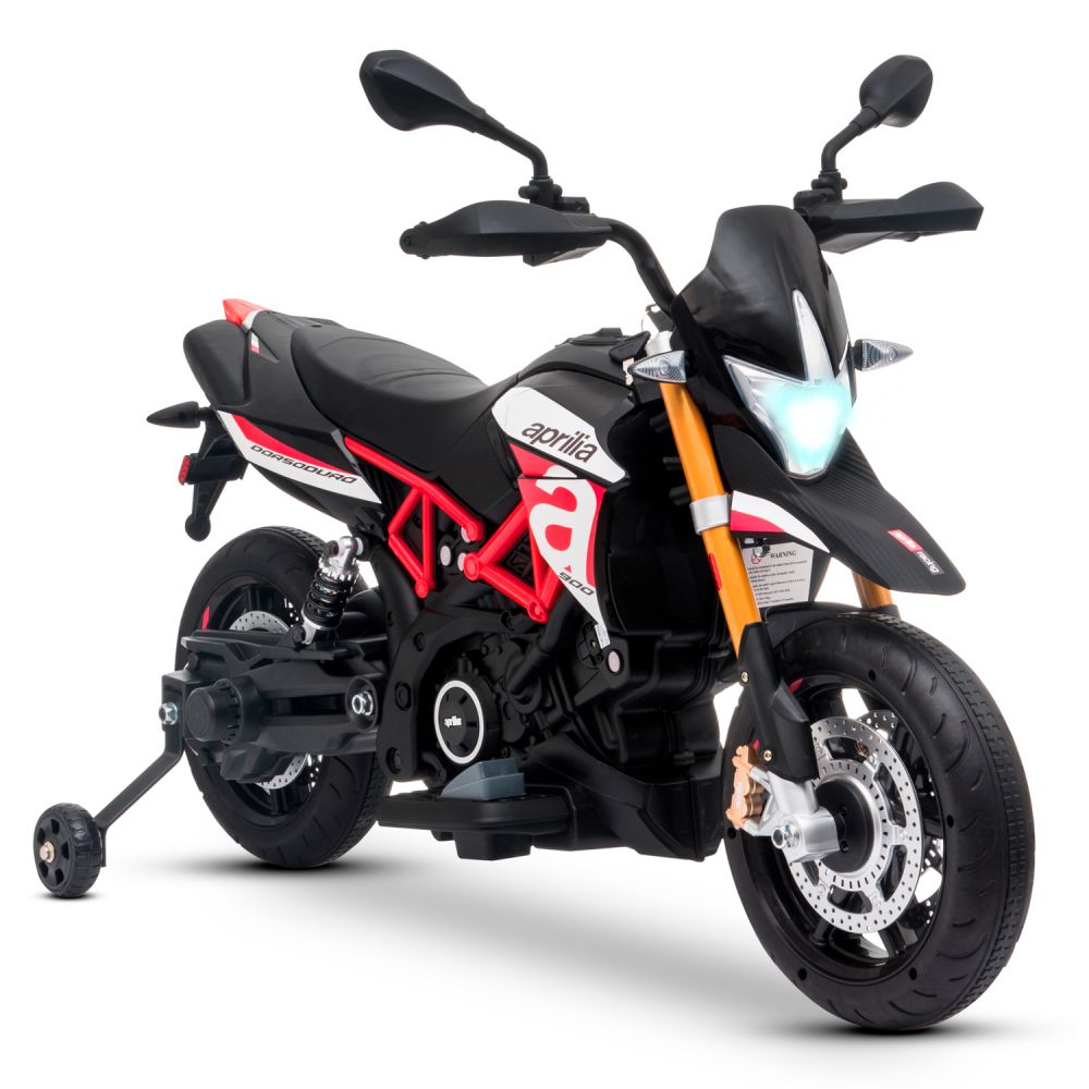 Moto Electrique Aprilia Dorsoduro 900 pour Enfant - avec Klaxon, Système Audio et Roulettes de soutien