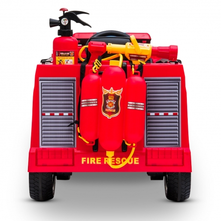 Camion de Pompier Electrique Rouge 35W avec Casque, Lance et Extincteur, Indicateur de Batterie et Télécommande Parentale