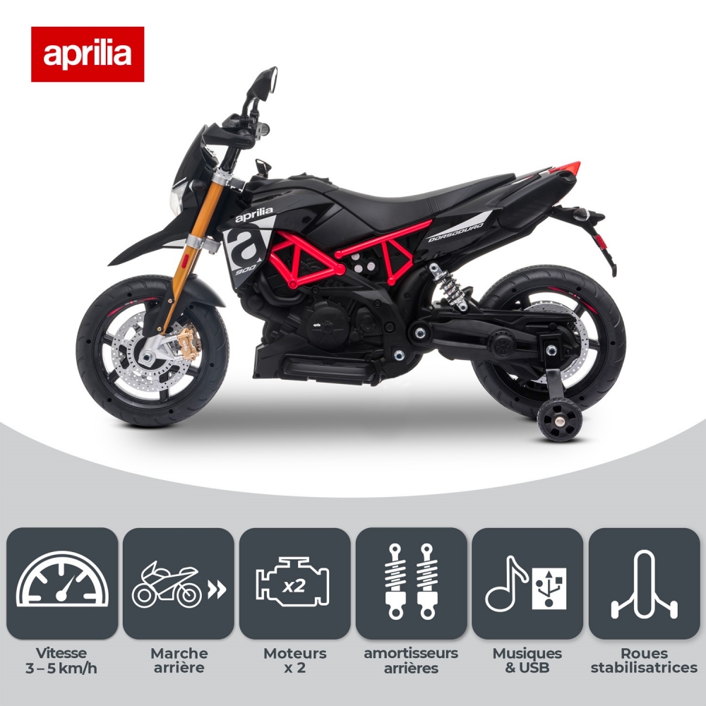 Moto Electrique Aprilia Dorsoduro 900 pour Enfant - avec Klaxon, Système Audio et Roulettes de soutien