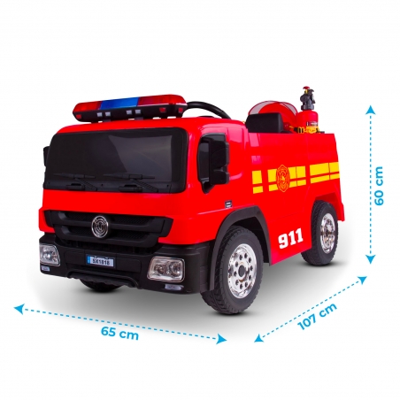 Camion de Pompier Electrique Rouge 35W avec Casque, Lance et Extincteur, Indicateur de Batterie et Télécommande Parentale