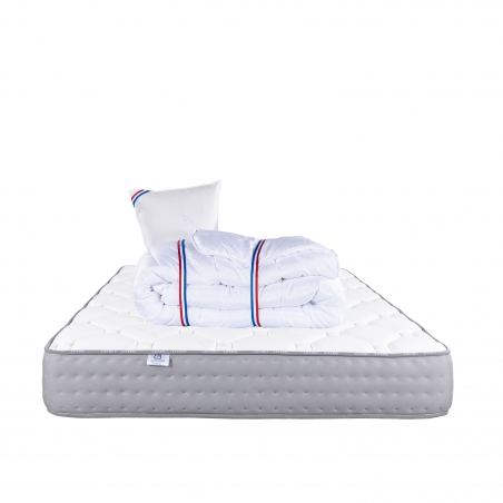 Matelas Zen, 20 cm, mousse haute densité, ferme, face été/hiver + 1 oreiller + couette