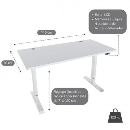 Bureau assis debout électrique 14070 cm - Plateau Bois foncé / Pieds Blanc