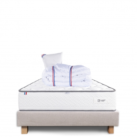 Ensemble Matelas Iris 20 cm, mousses haute densité ferme face été/hiver + sommier beige ep20cm, + oreiller + couette