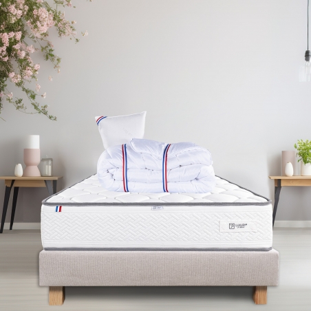 Ensemble Matelas Iris 20 cm, mousses haute densité ferme face été/hiver + sommier beige ep20cm, + oreiller + couette