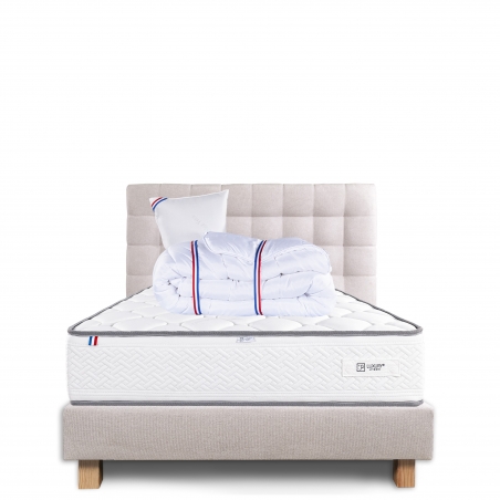 Ensemble Matelas Iris 20 cm, mousses haute densité ferme face été/hiver + sommier beige ep20cm, + oreiller + couette + Tête de L