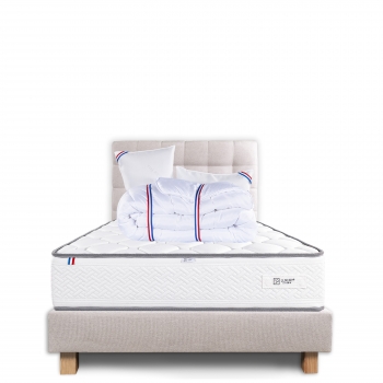 Ensemble Matelas Iris 20 cm, mousses haute densité ferme face été/hiver + sommier beige ep20cm, + oreiller + couette + Tête de L