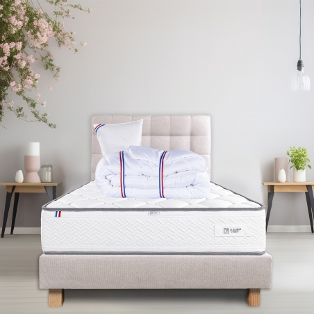 Ensemble Matelas Iris 20 cm, mousses haute densité ferme face été/hiver + sommier beige ep20cm, + oreiller + couette + Tête de L