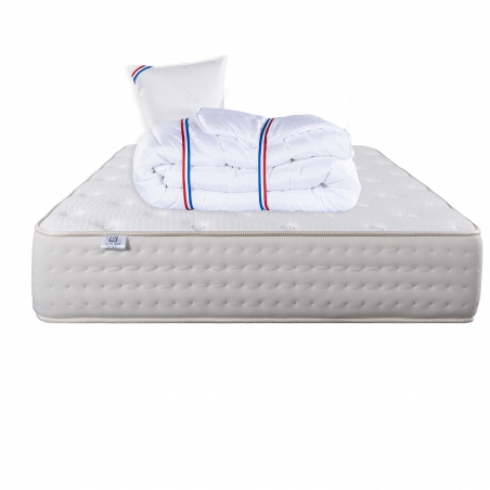 Matelas Purlux 26cm, latex indépendance du couchage face été/hiver + Oreiller + Couette