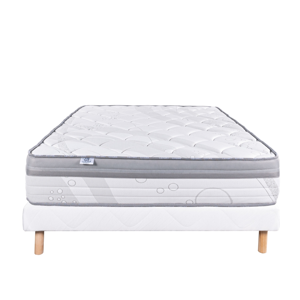 Ensemble Matelas Relaxation 26 cm, ressorts ensachés ferme face été/hiver + sommier blanc ep 13cm,