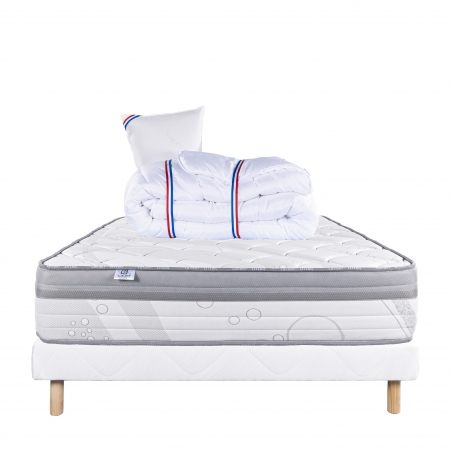 Ensemble Matelas Relaxation 26 cm, ressorts ensachés ferme face été/hiver + sommier blanc ep 13cm, + oreiller + couette