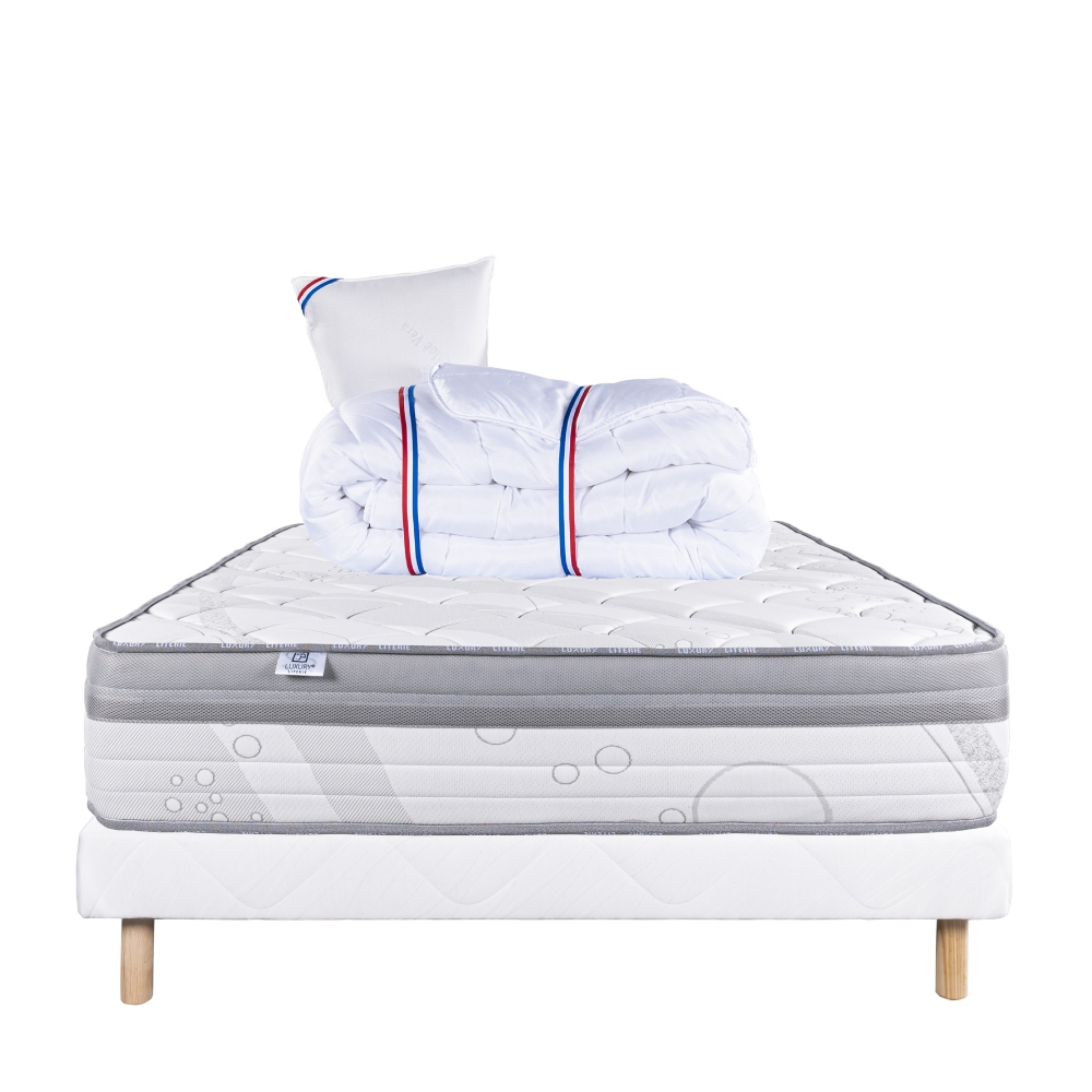 Ensemble Matelas Relaxation 26 cm, ressorts ensachés ferme face été/hiver + sommier blanc ep 13cm, + oreiller + couette