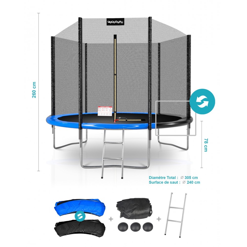 Trampoline de Jardin Deluxe avec filet de sécruité extérieur, Tapis de Saut, Echelle et Matelas Réversible Bleu/Noir