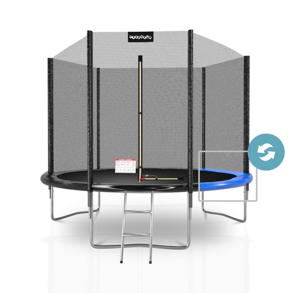 Trampoline de Jardin Deluxe avec filet de sécruité extérieur, Tapis de Saut, Echelle et Matelas Réversible Bleu/Noir