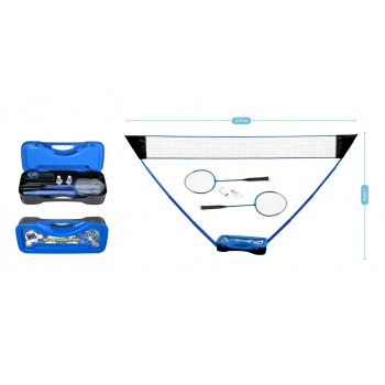 Set de Badminton complet avec filet 295 x 38 x 154 cm, raquettes, volants et étui de rangement Bleu