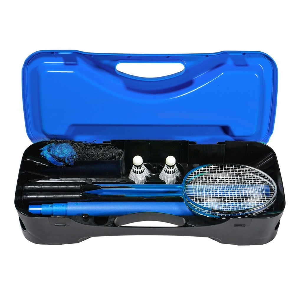 Set de Badminton complet avec filet 295 x 38 x 154 cm, raquettes, volants et étui de rangement Bleu