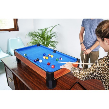 Billard de table avec accessoires - Kit Billard Compact de bureau ou salle de jeu, 102 x 51 x 22.5 cm - Marron et Tapis Bleu