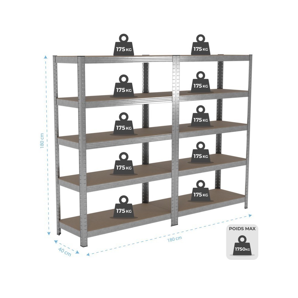 Étagère de rangement polyvalente en métal (lot de 2) Charge lourde Max 875kg - 180 X 90 X 40 cm - Gris