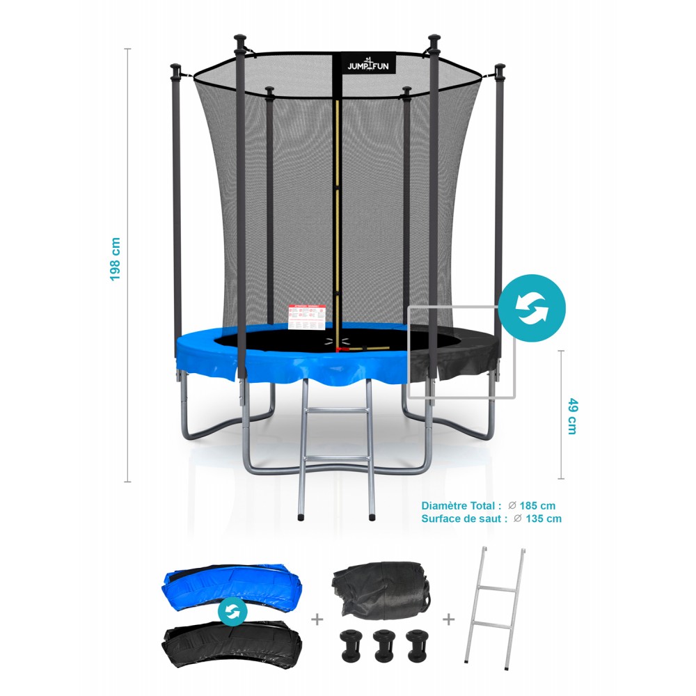 Trampoline extérieur Classique ø185 cm- 6FT- Filet intérieur, Matelas de protection réversible et Echelle