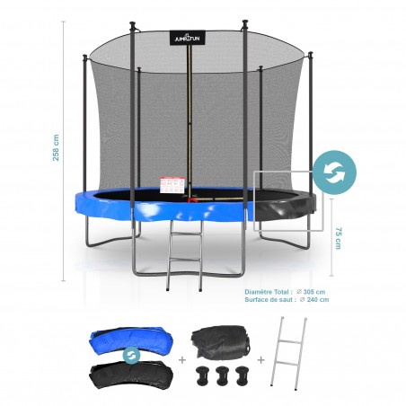 Trampoline extérieur Classique ø 305 cm- 10FT- Filet intérieur, Matelas de protection réversible et Echelle